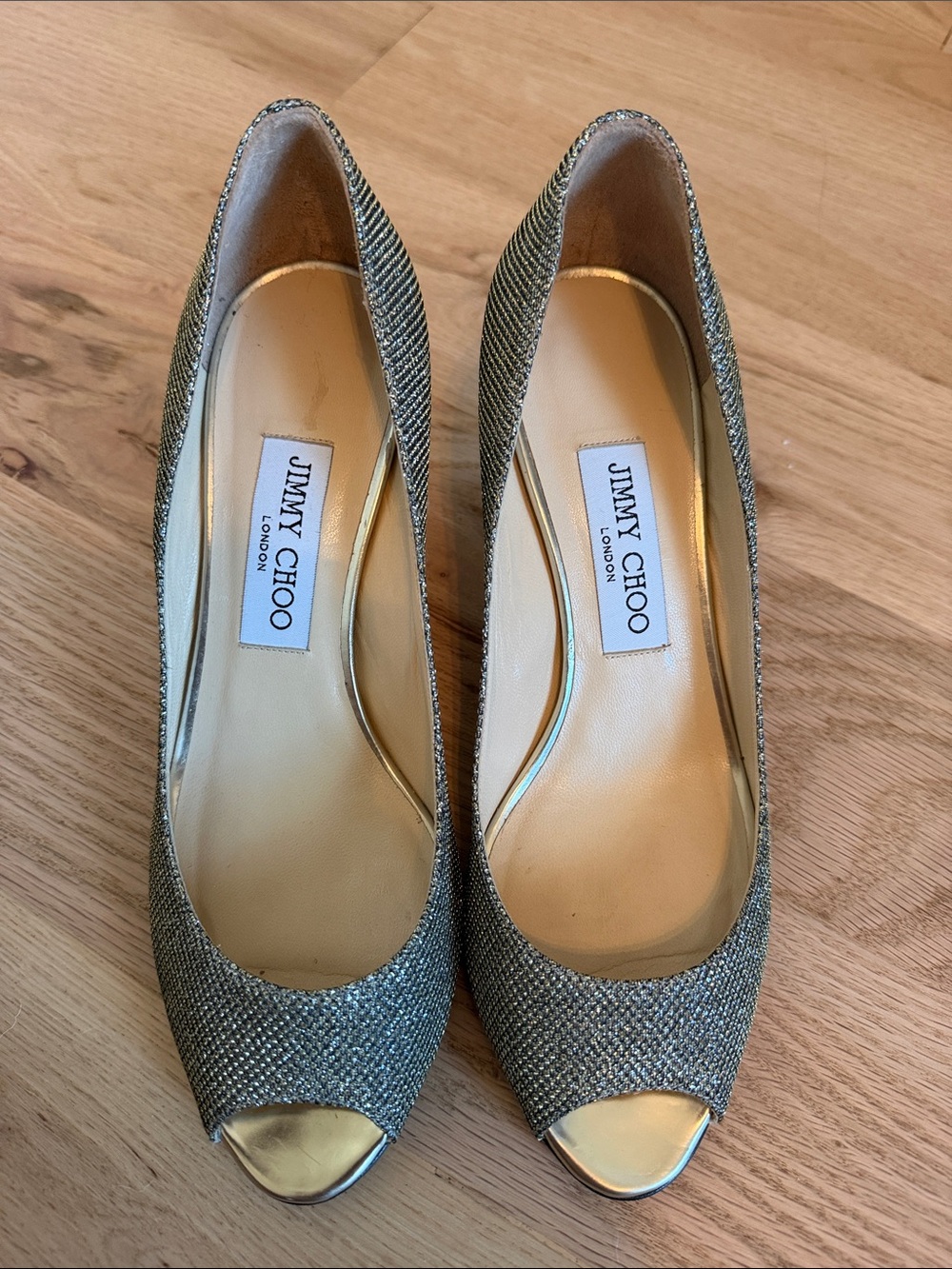 Jimmy Choo EVELYN Light Bronze Glitter Peep Toe Pump Shoes - Picture 2 of 7
